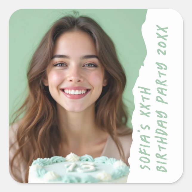Adesivo Quadrado Modern Custom Pic Name Year Birthday Party Any Age (Frente)