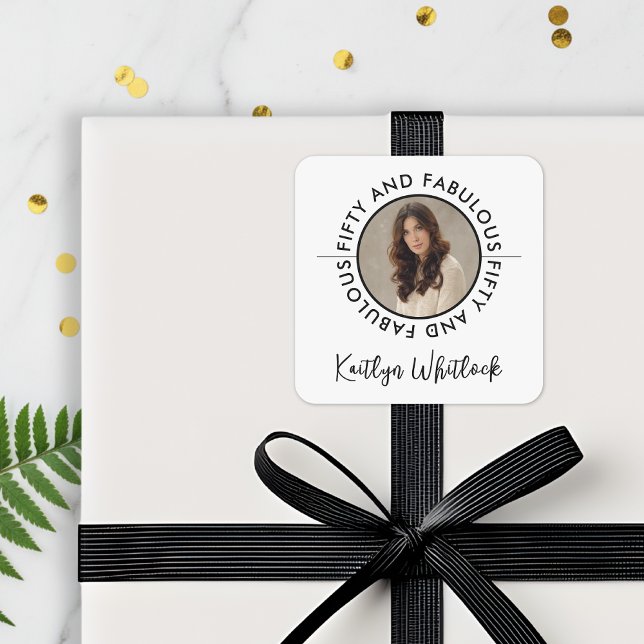 Adesivo Quadrado Modern Fifty and Fabulous Bold 50th Birthday Party (black and white 50 and fabulous bold 50th birthday party stationery stickers for modern for her)