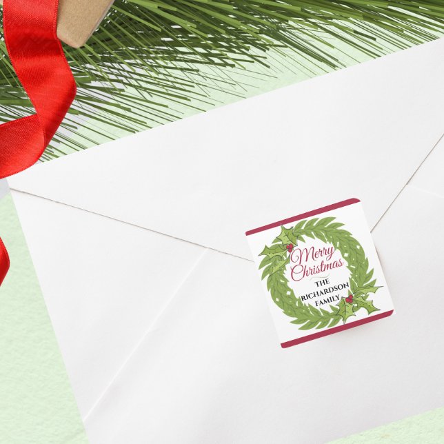 Adesivo Quadrado Modern Green Wreath Merry Christmas Personalized (Modern Green Wreath Merry Christmas Personalized Square Sticker holiday envelope card label)