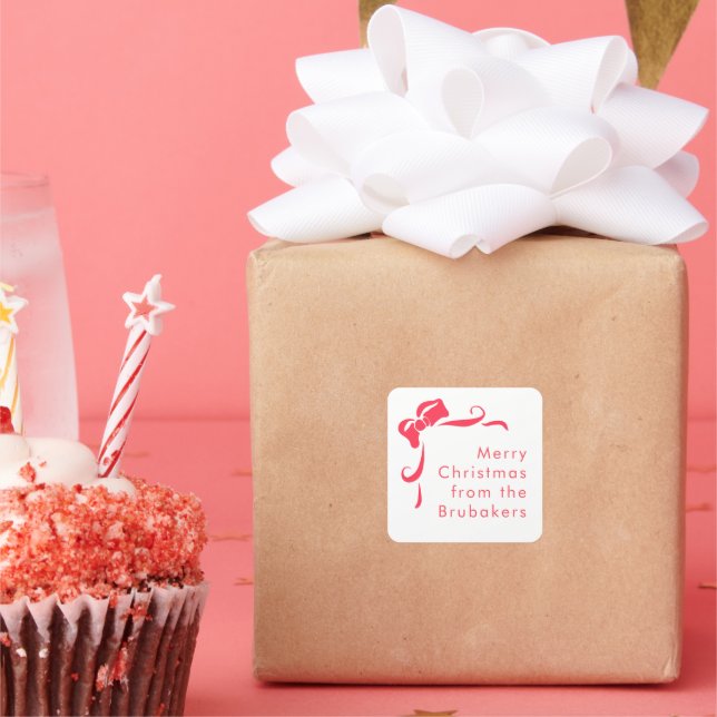 Adesivo Quadrado Modern Hand Drawn Red Bow Personalized Christmas (Festa)