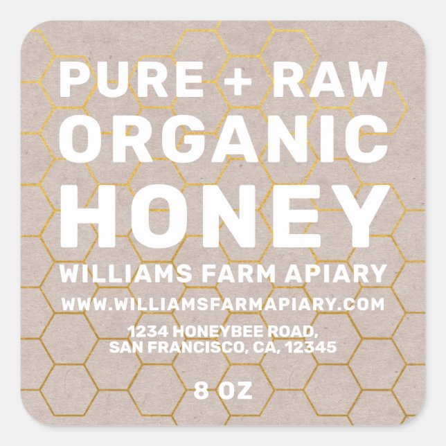 Adesivo Quadrado Modern Honey Jar Label Honeybee Apiary Kraft (Frente)