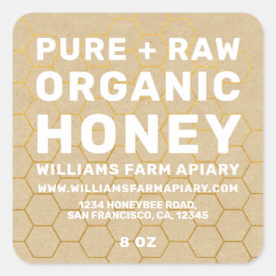 Adesivo Quadrado Modern Honey Jar Label Honeybee Apiary Kraft