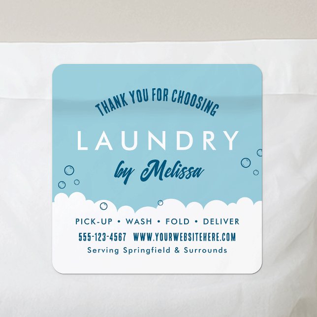 Adesivo Quadrado Modern Laundry Service Blue & White Thank You (Thank you for order laundry business stickers with your business name or logo)