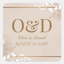 Adesivo Quadrado Modern Luxe Neutral & Gold Monogram Wedding