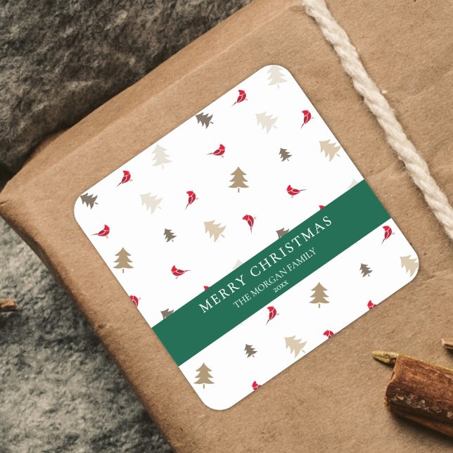 Adesivo Quadrado Modern Minimal Red Cardinal Christmas Tree Pattern (Criador carregado)