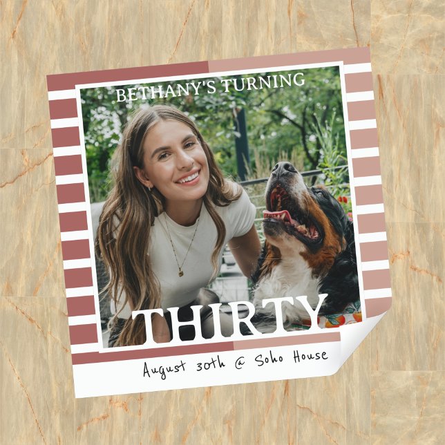 Adesivo Quadrado Modern Minimalist Striped 30th Birthday Photo (Celebrate the beginning of a new decade with this Modern Minimalist Striped 30th Birthday Sticker!)