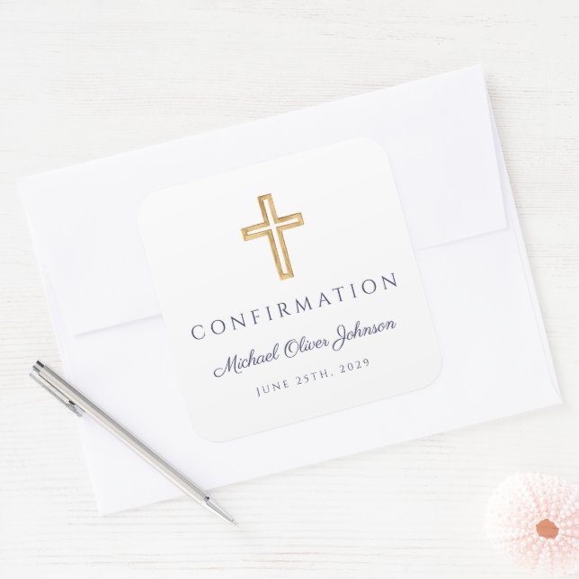 Adesivo Quadrado Modern Navy Blue Religious Cross Boy Confirmation (Envelope)