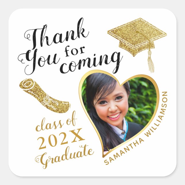 Adesivo Quadrado Modern Obrigado Heart Photo 2025 Graduation Favor (Frente)