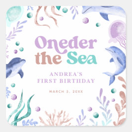 Adesivo Quadrado Modern Oneder the Sea Dolphin Retro First Birday