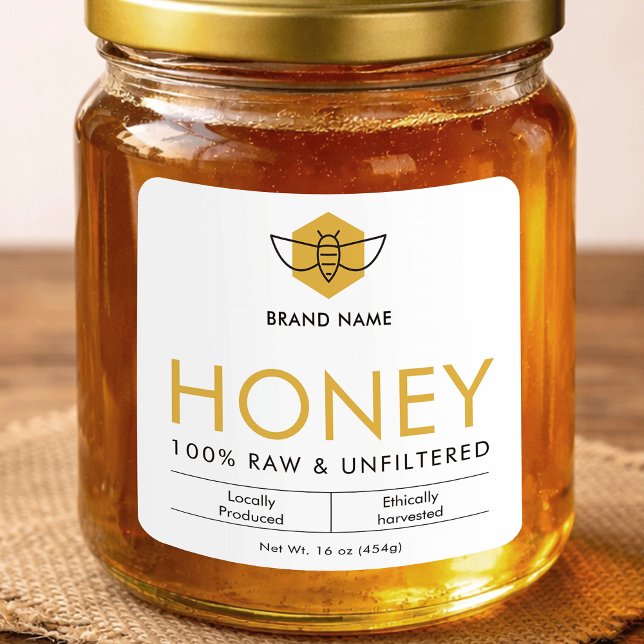 Adesivo Quadrado Modern Raw Honey Bee Icon Jar Product Label (Criador carregado)