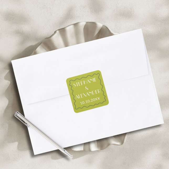 Adesivo Quadrado Modern Retro Vibrant Bold Citrus Green Wedding (Criador carregado)