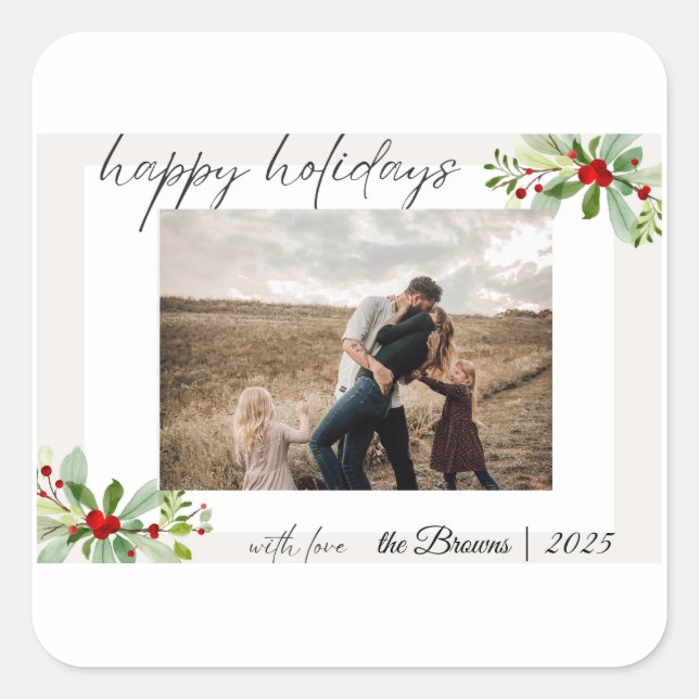 Adesivo Quadrado Modern Simple Happy Holidays Family Photo Card (Frente)