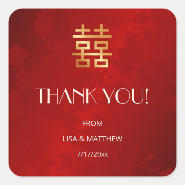 Adesivo Quadrado Modern Simple Red Chinese Wedding Thank You (Frente)