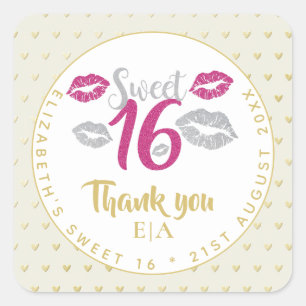 Adesivo Quadrado Modern Sparkle Sweet 16 Glitter Kisses Lábios Fav