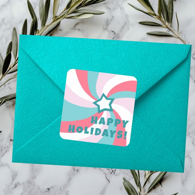Adesivo Quadrado Modern Swirl HAPPY HOLIDAYS CUSTOM Green Pink (Modern Swirl HAPPY HOLIDAYS CUSTOM Green Pink Square Sticker
)