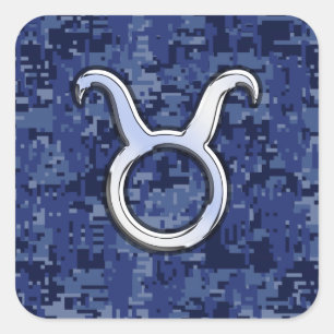 Adesivo Quadrado Modern Taurus Zodiac - Símbolo Azul - Camuflagem D