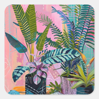 Adesivo Quadrado Modern Tropical Plant Print – Pink and Green