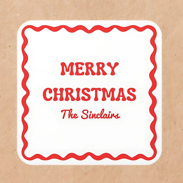 Adesivo Quadrado Modern Wavy Border Trendy Red Christmas Party (Criador carregado)