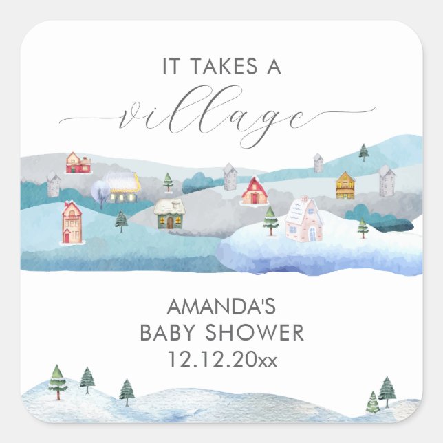 Adesivo Quadrado Modern Winter Snow It Takes A Village Baby Shower  (Frente)