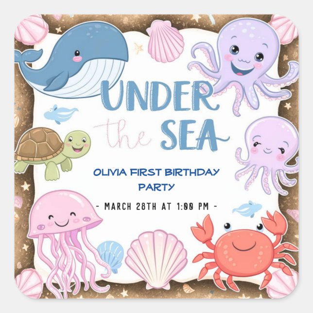 Adesivo Quadrado Moderna e elegante aquarela no aniversário do Mar (Frente)