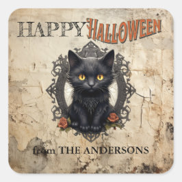 Adesivo Quadrado Moderna Vintage Black Cat Old Paper Halloween