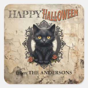Adesivo Quadrado Moderna Vintage Black Cat Old Paper Halloween