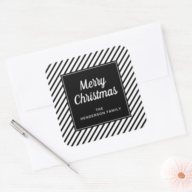 Adesivo Quadrado Moderno Black and White Strips Feliz Natal (Envelope)