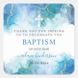Adesivo Quadrado Moderno Blue Watercolor Boy Baptism Obrigado