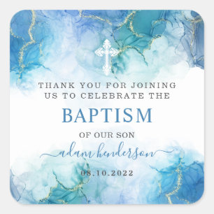 Adesivo Quadrado Moderno Blue Watercolor Boy Baptism Obrigado