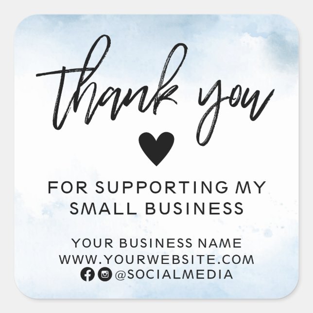 Adesivo Quadrado Moderno Blue Watercolor Business Obrigado (Frente)