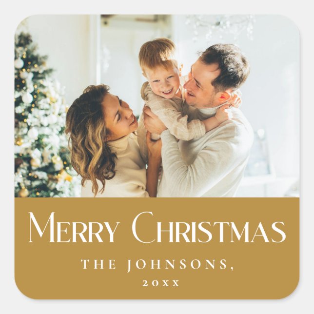 Adesivo Quadrado Moderno Elegante Feliz Natal Dourado (Frente)