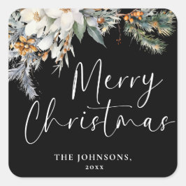Adesivo Quadrado Moderno Elegante Feliz Natal Personalizado Botânic