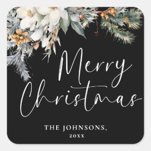Adesivo Quadrado Moderno Elegante Feliz Natal Personalizado Botânic
