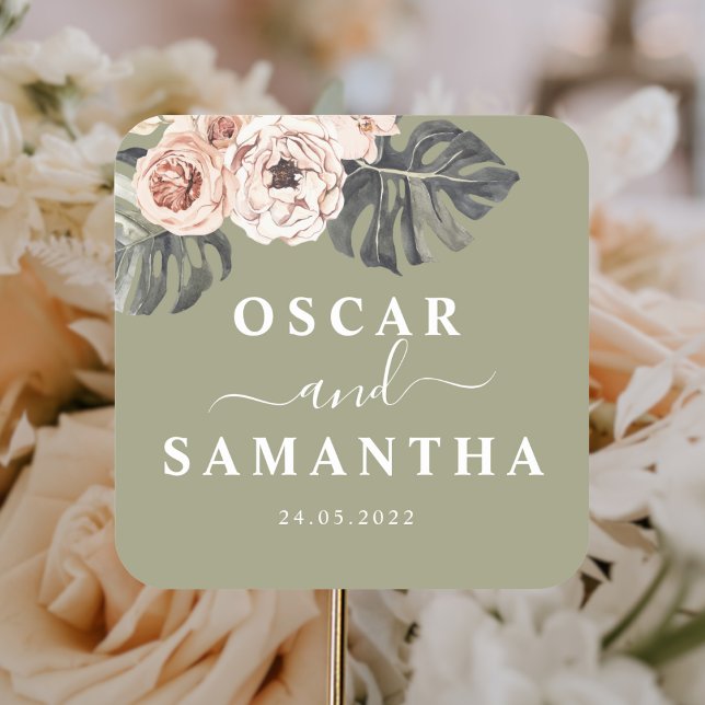 Adesivo Quadrado Moderno Floral Khaki Folhas Tropicais e Orquídea (Criador carregado)