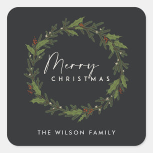 ADESIVO QUADRADO MODERNO NEGRO ELEGANTE HOLLY BERRY WREATH CHRISTMA