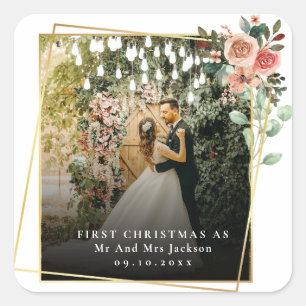 Adesivo Quadrado Moderno Nosso Primeiro Natal Como Sr e Sra Floral