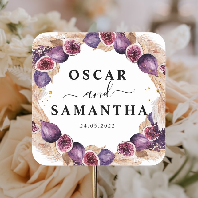 Adesivo Quadrado Moldura de Beleza Pampas Modernos e Figos Roxos (Criador carregado)