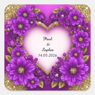 Adesivo Quadrado Moldura de Coração Roxo com Brilho e Flores