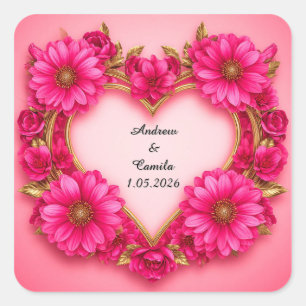 Adesivo Quadrado Moldura de Flor em Forma de Coração com Flores Cor