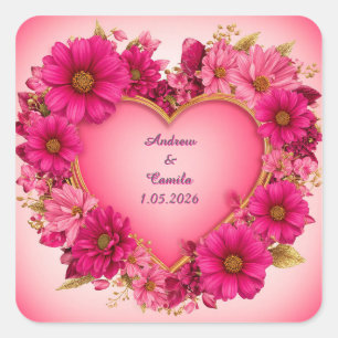 Adesivo Quadrado Moldura de Flor em Forma de Coração com Flores Cor