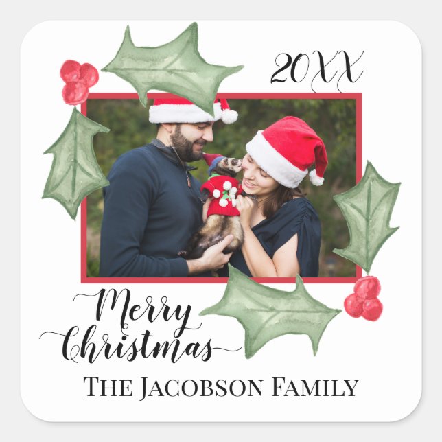 Adesivo Quadrado Moldura de Foto de Folhas de Azevinho Festivas de  (Frente)