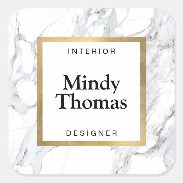 Adesivo Quadrado Moldura de Ouro Falso em Mármore Branco Moderno (Frente)