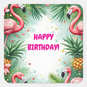 Adesivo Quadrado 🌴 Moldura de Verão do Flamingo Tropical com Folha