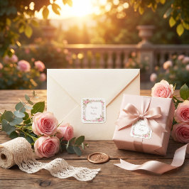 Adesivo Quadrado Moldura Dourada com Aquarela Rosa Cor de Rosa para