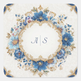 Adesivo Quadrado Moldura Dourada com Azul Real Floral Barroco Recor