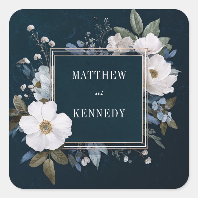 Adesivo Quadrado Moldura Dourada Floral com Anêmona Branca Índigo (Frente)