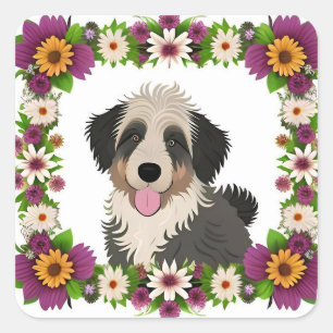 Adesivo Quadrado Moldura Floral Colorida com Ilustração de Cachorro