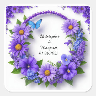 Adesivo Quadrado Moldura Floral de Casamento com Flores Coloridas