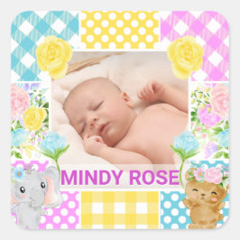 Adesivo Quadrado Moldura Floral e Xadrez Foto Bebê Recém-Nascido