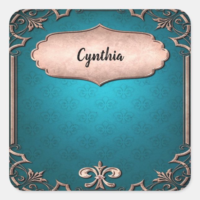 Adesivo Quadrado Molduras decorativas de bronze azuis (Frente)